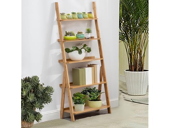 Bamboo Ladder Shelf Bookcase, 5-Tier