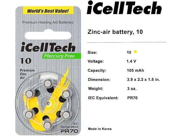 60 iCellTech Hearing Aid Batteries Size 10