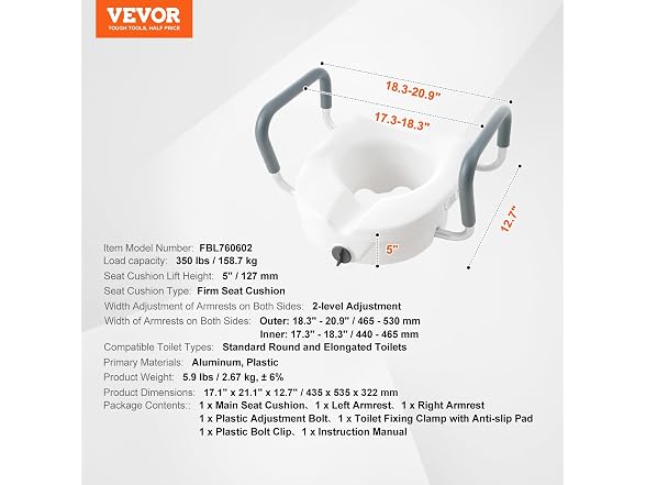 Raised Toilet Seat, 5" Height Raised, 350 lbs