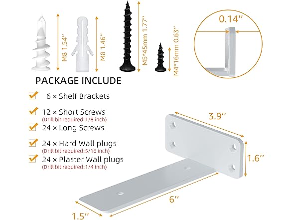 ZGO Floating Shelf Brackets, 8 inch, 6 pack