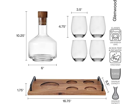 lass Acacia Wood 7 PC  Wine Decanter Carafe Serving Set