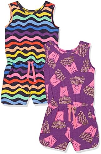Amazon Essentials Girls' Knit Sleeveless Rompers (Previously Spotted Zebra), Pack of 2, Fries/Rainbow/Stripe, Large