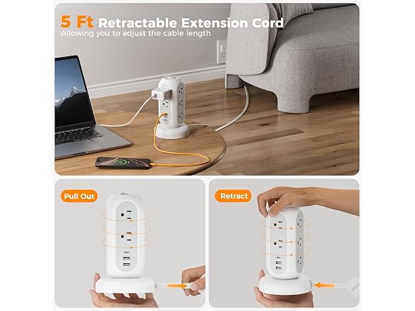 TESSAN 5ft Cord Power Tower (11 Outlets, 3 USB)