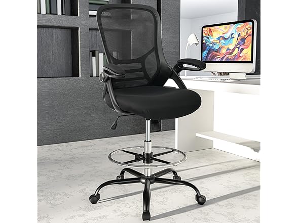 HYLONE Drafting Chair Tall Office Chair High-Back Mesh Standing Desk Stool with Adjustable Footrest Ring and Flip-Up Arms Black (Open Box)