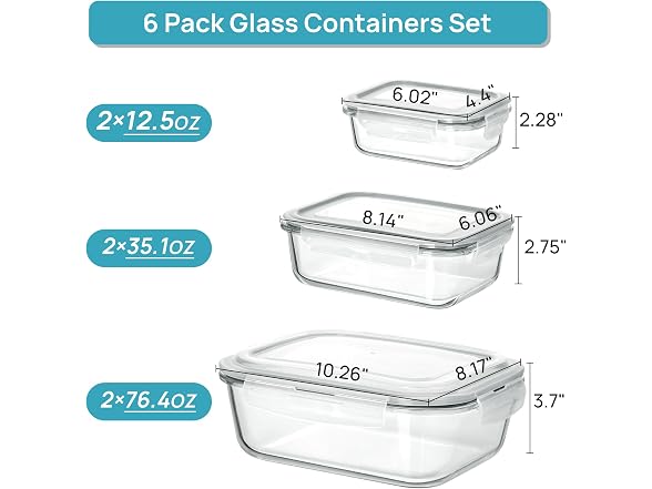 Vtopmart Grey Variety 6 Pack 76oz Glass Containers W/ Lids