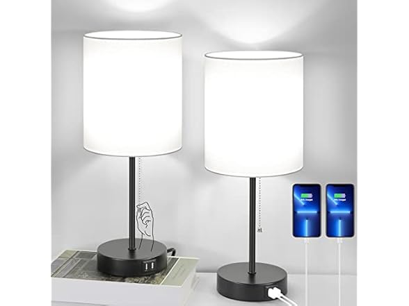 Bosceos Table Lamps with White Shades and USB Charging Ports, 2PK