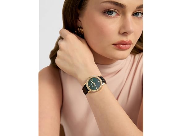 Guess Women's 34mm Watch Black Leather Green Gold