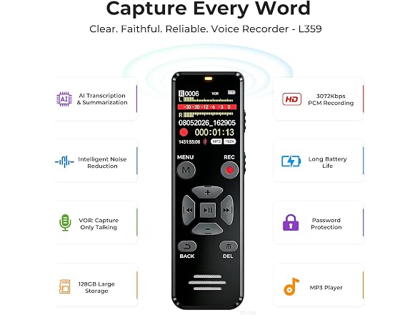 EVISTR Digital Voice Recorder 128GB AI