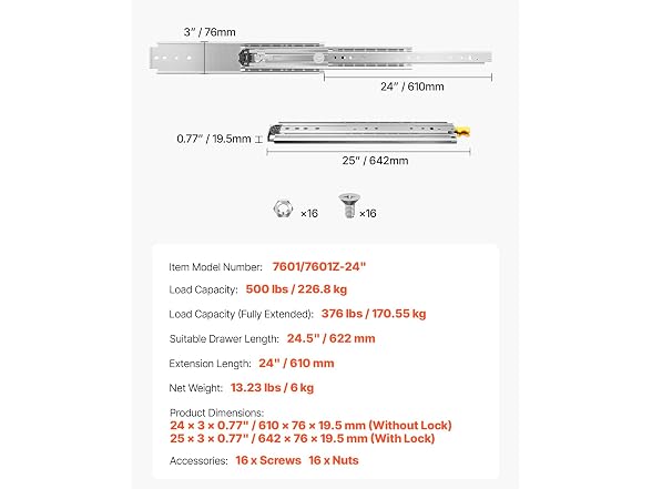 VEVOR Heavy Duty Drawer Slides, 1 Pair 24inch