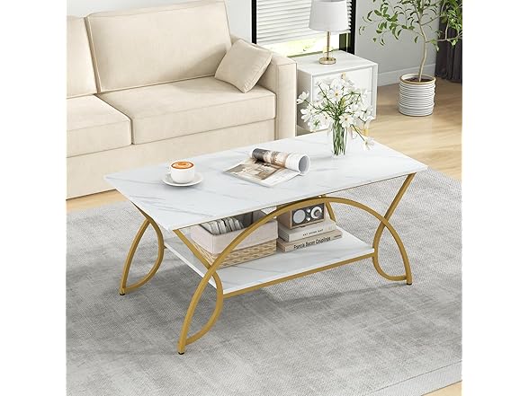 COSTWAY Marble Coffee Table, 2-Tier