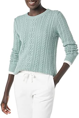 Amazon Essentials Women's Soft Fisherman Cable Long-Sleeve Crewneck Sweater, Sage Green Heather, Small