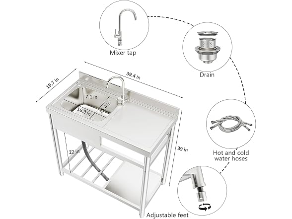 MODCART 39 inch Stainless Steel Utility Sink