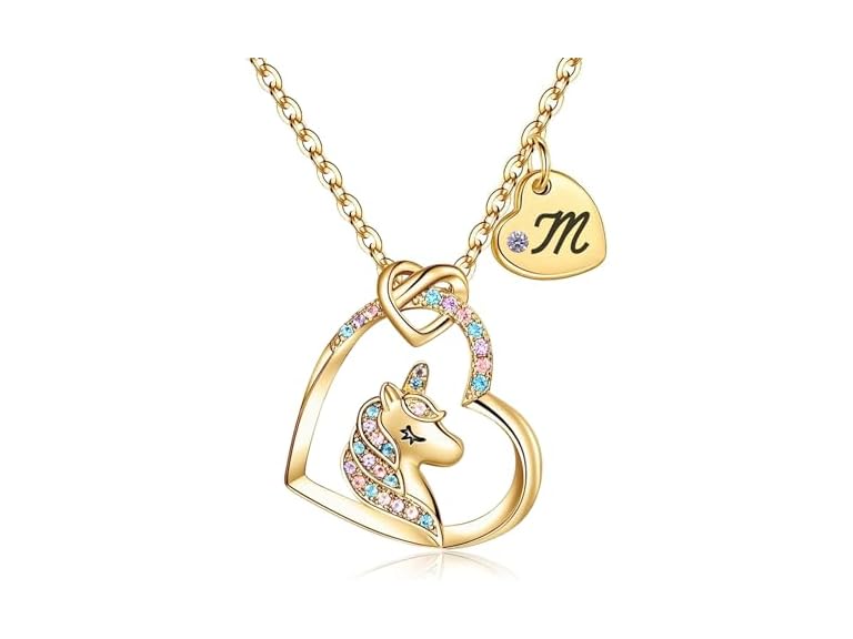 Rucher Unicorn Necklace for Girls Kids with Personalized Initial Heart Pendant, 18K Gold Fashion Jewelry for Girls, Colorful Heart Necklace for Birthday Gifts.