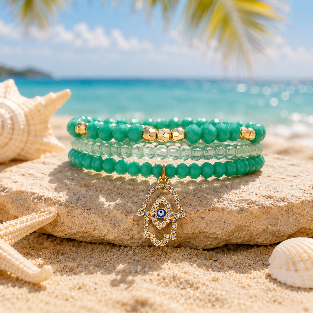 Stretch Beaded Bracelet Stack with Hamsa Charm - Gallery 5