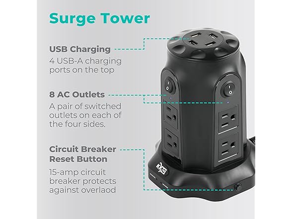 KMC 8-Outlet 6ft 1080J Surge Protector Powertower