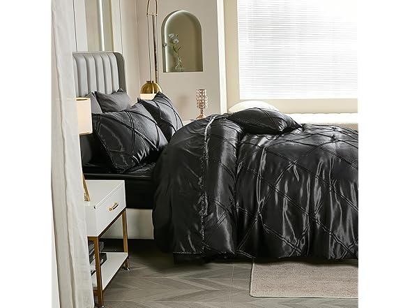 Black Pintuck Comforter Set Silky Satin Full