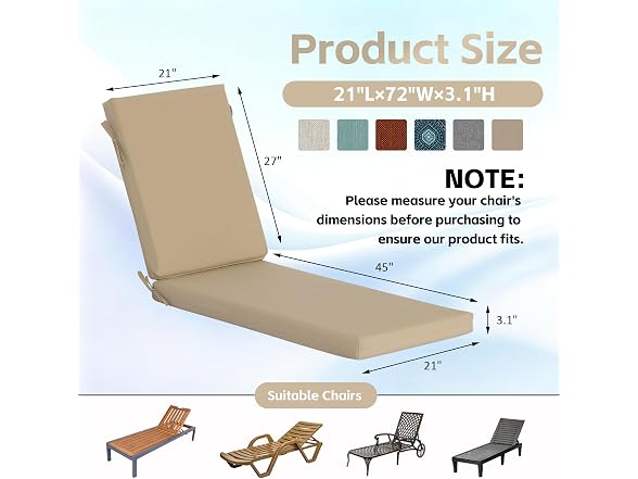COZYVIDA Chaise Lounge Cushion 72x21x3