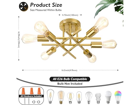 TOBUSA 6-Light Gold Semi Flush Mount Ceiling Light Fixture