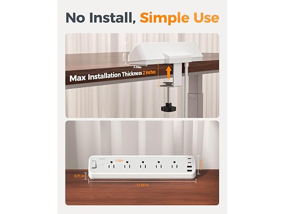 TESSAN 2100J 6ft Cord Desk Clamp Power Strip (5 Outlets, 4 USB)