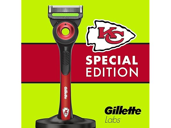 Gillette Labs Special NFL Chiefs Edition Shaving Razor for Men - 1 Handle, 4 Razor Blade Refills & Magnetic Stand, GilletteLabs with Exfoliating Bar