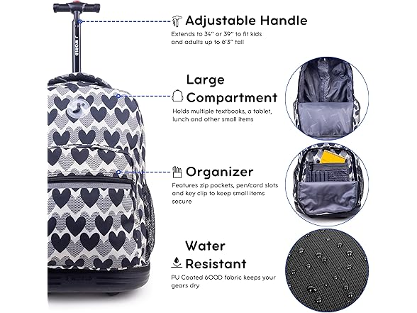 J World Sunrise Rolling Backpack, Heart Dot