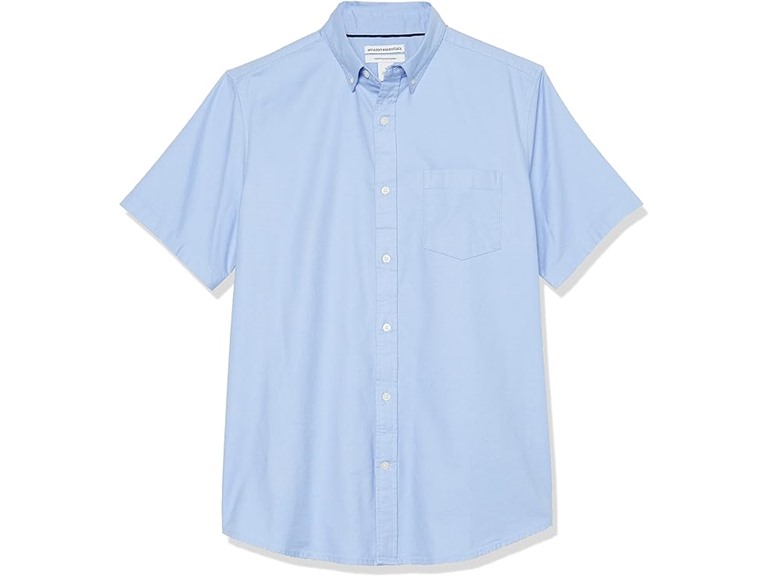 Amazon Essentials Men's Regular-Fit Short Sleeve Stretch Oxford Shirt with Pocket, Powder Blue, X-Large