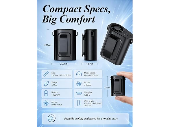 OiQii Portable Waist Fan Lightweight