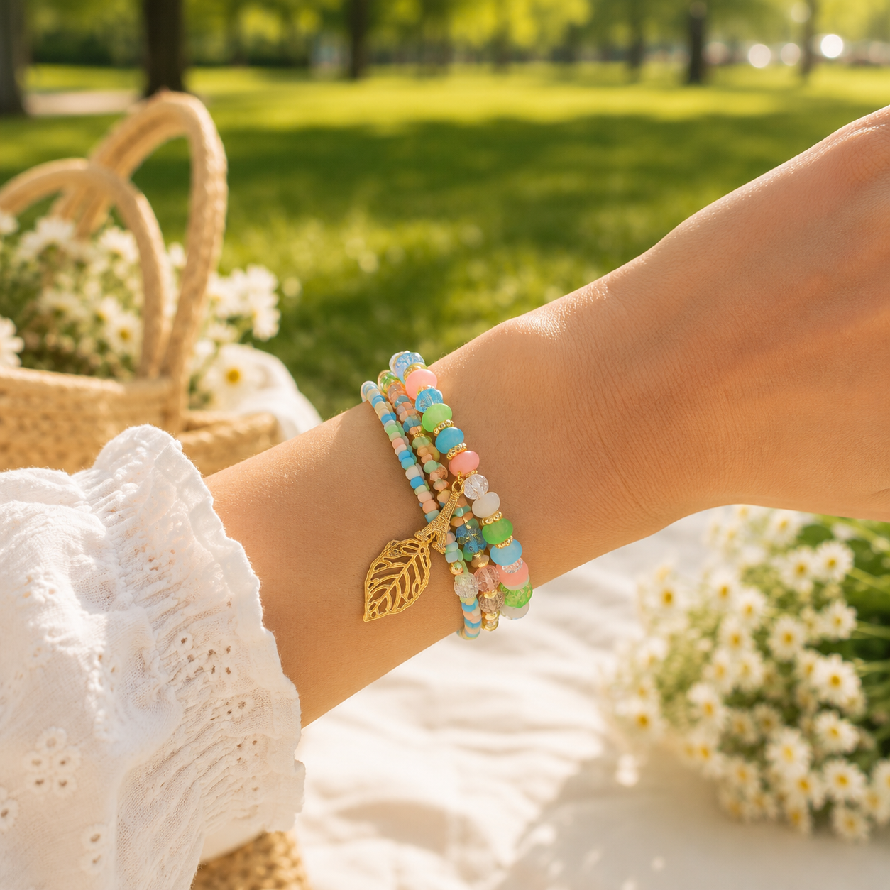 Stretch Beaded Bracelet Stack with Leaf Charm - Gallery 5