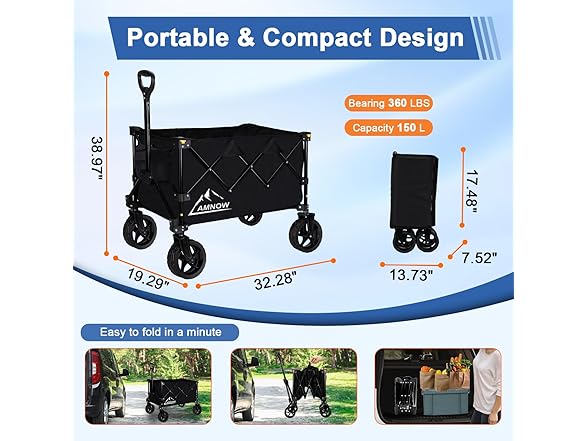 AMNOW Collapsible Wagon Cart with Wheels Foldable