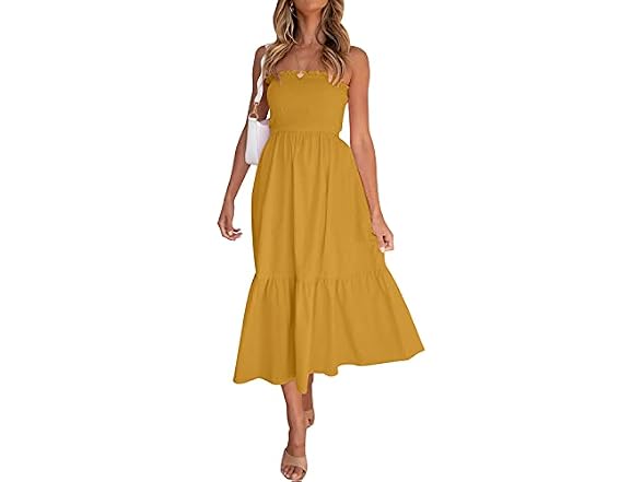 Zesica Women (S) Summer Boho Strapless Maxi Ginger