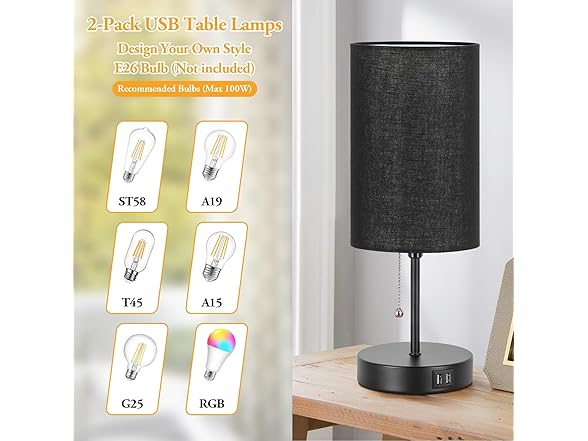 Set of 2 Table Lamps with 2 USB Ports
