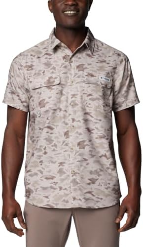 Columbia Men's PFG Uncharted Printed Short Sleeve Shirt, Crushed Clay Uncharted Waters, Small