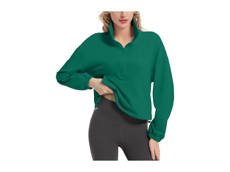 FKEEP Quarter Zip Pullover Women Cropped Sweatshirt Long Sleeve Crop Top Stand Collar Drawstring Casual Pullover zGreen L