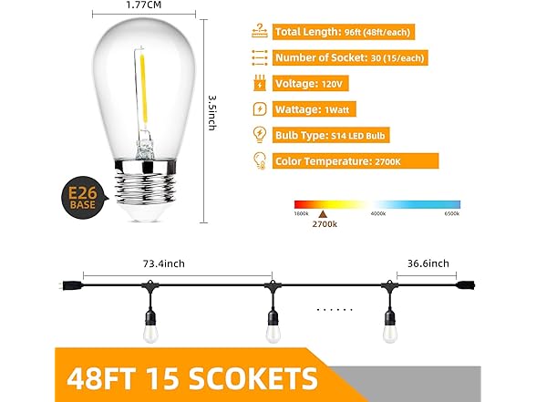 Lakumu Outdoor String Lights 96FT(48×2)