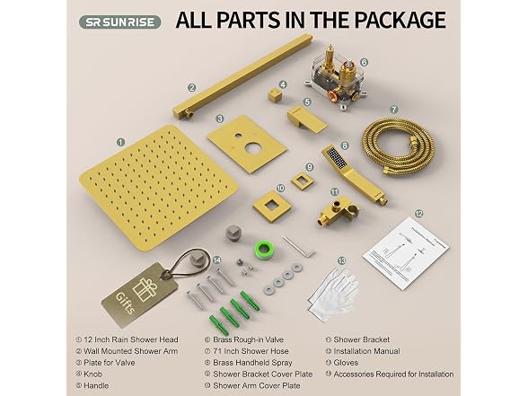 SR SUN RISE 12in Shower System Br Gold