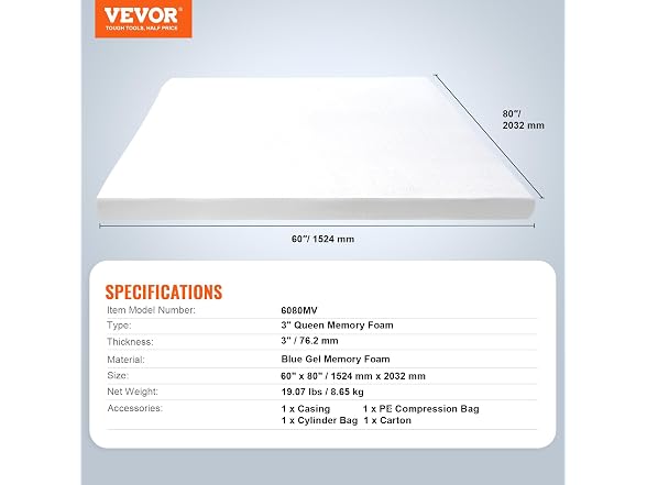 VEVOR Mattress Topper, Queen Size, 3 in