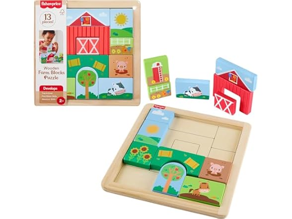 Fisher-Price Wood Toddler Toy Farm Blocks Puzzle