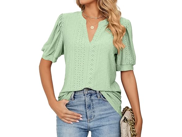 Welinco Women (L) Short Sleeve V-Neck Puff T-Shirt