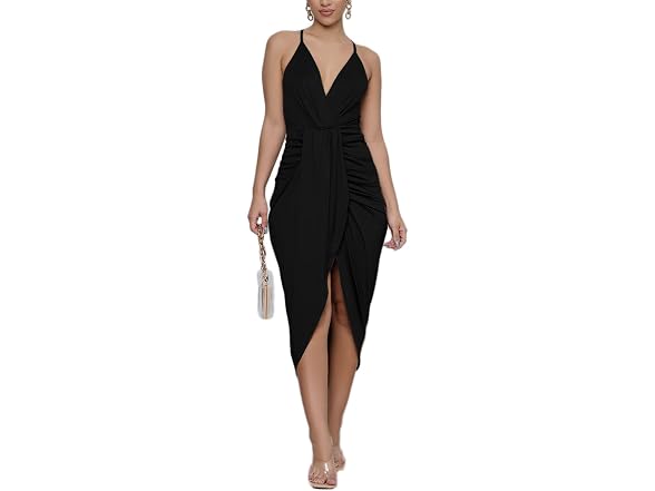 Lyaner Women (L) Summer V Neck Ruched Wrap Dress
