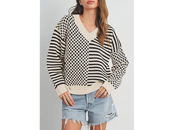 Women’s Checkered Striped Knit Sweater