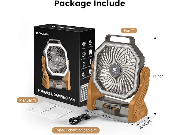 Odoland Brown Rechargeable Camping Fan
