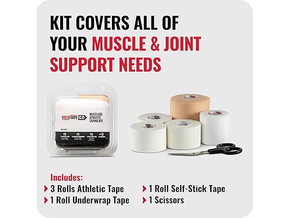 RockTape Go Taping Kit – Athletic Tape, Underwrap, Self-Stick Tape, and Scissors in Portable Case – Sports Tape Set for Joint Support, Training, and On-the-Go Taping Needs