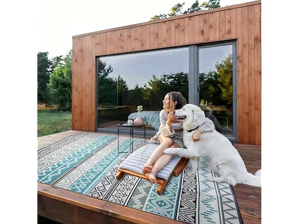 STRICKLANDHOME Outdoor Rug, Blue & Grey