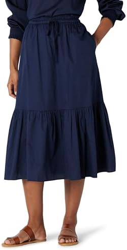 Amazon Essentials Women's Mid-Rise A-line Cotton Sateen Tiered Midi Skirt (Top Sold Separately), Navy, Large