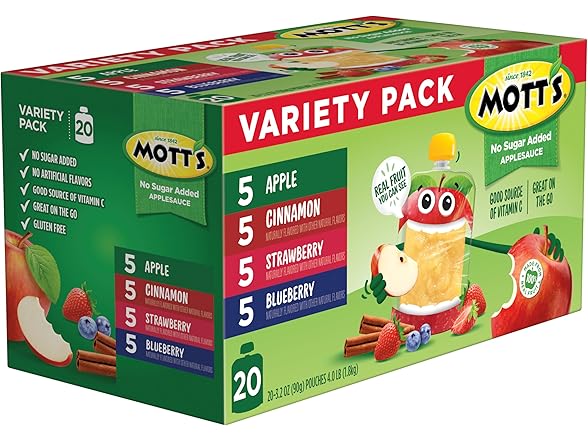 20PK Mott's No Sugar Added Applesauce 4 Flavor Variety