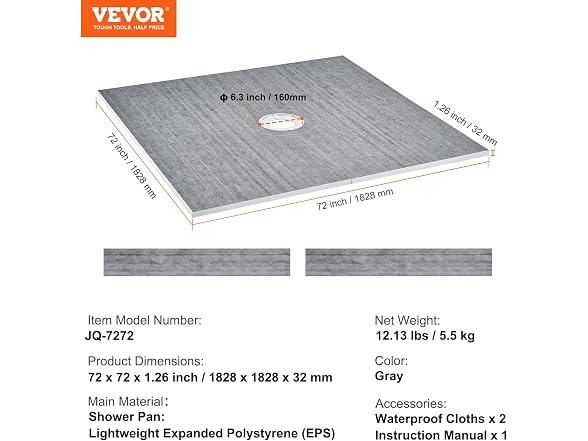 Shower Curb Kit, 72"x72" Shower Pan Kit with