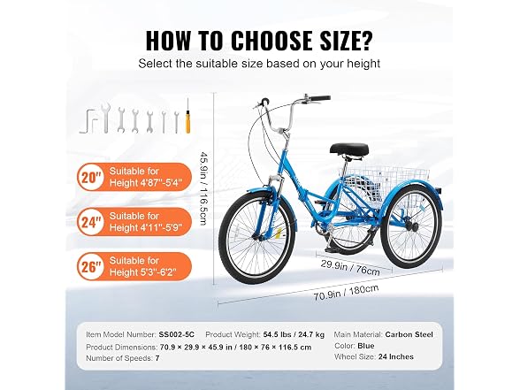 Adult Tricycles Bike, 24 Inch Three-Wheeled