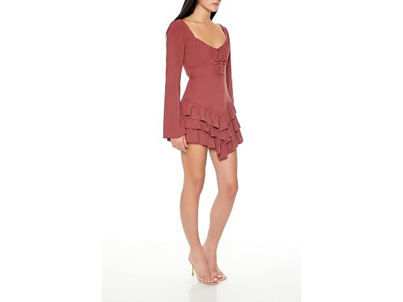 Forever 21 (S) Tiered Bell-Sleeve Dress Chestnut