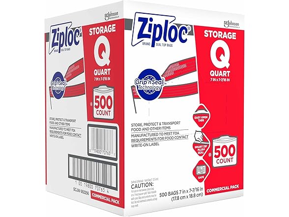 Ziploc Double Zipper Storage Bags, Quart, 500 Bags/Carton