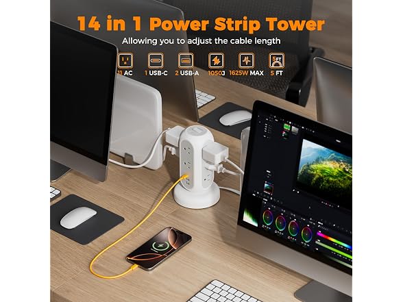 TESSAN 5ft Cord Power Tower (11 Outlets, 3 USB)
